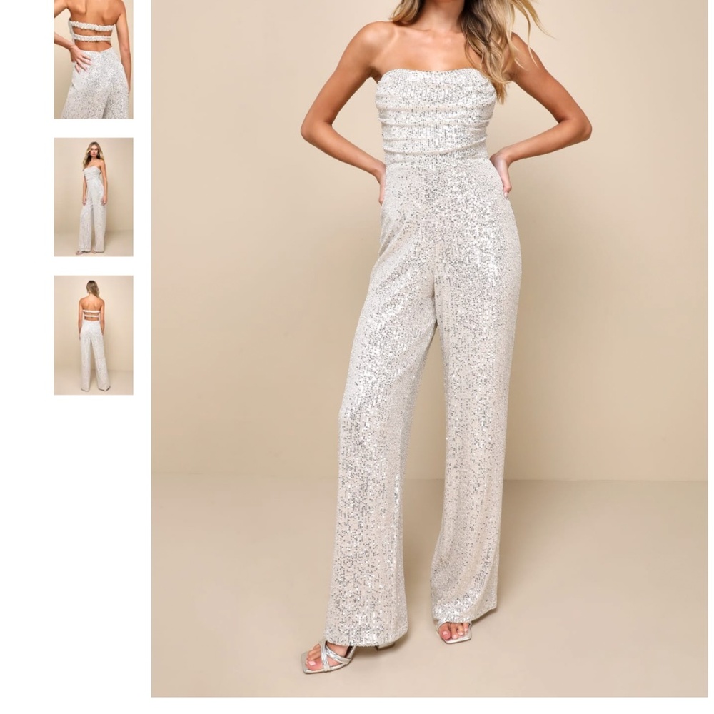 Glorious Vision Silver Sequin Strapless Wide-Leg Jumpsuit
